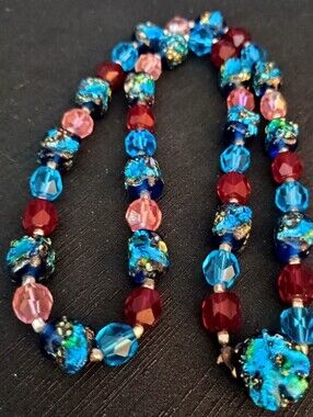 Vintage Blue, Red & Pink Glass Bead Statement Necklace Japan
